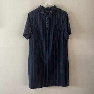 Banana Republic Pin Striped Polo Shirt Dress Womens Medium Navy Embellished Neck